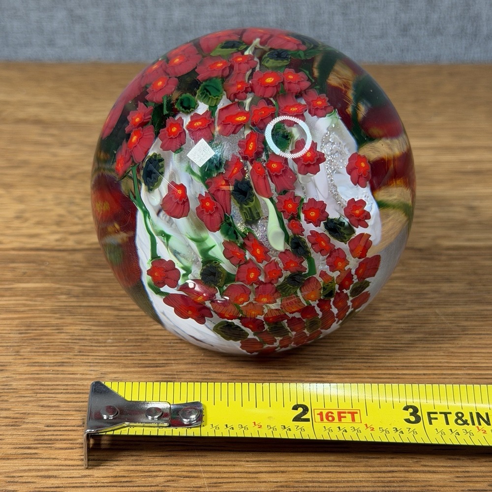 Shawn Messenger "Poinsettia" 2011 Signed Magnum Art Glass Floral Paperweight - Picture 10 of 10